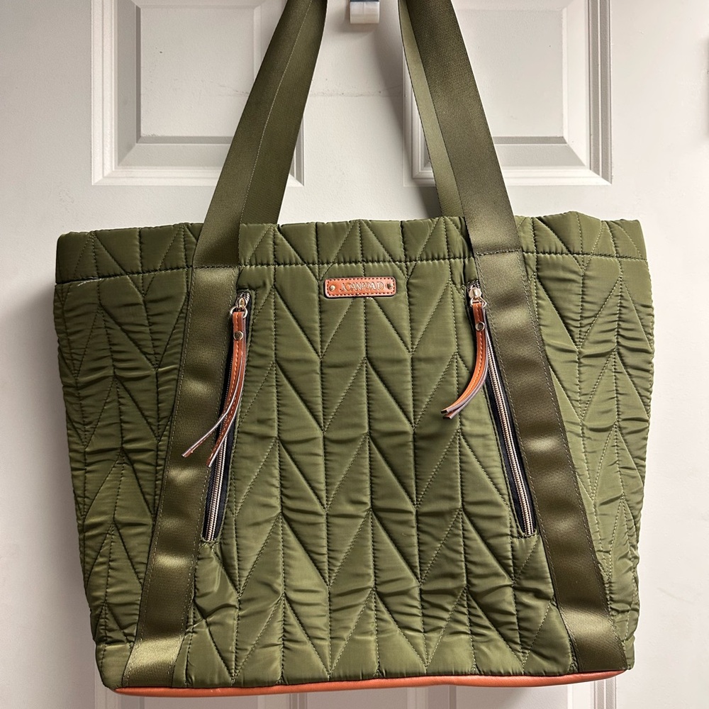 Joan & David Green Quilted Tote with Orange Accents
